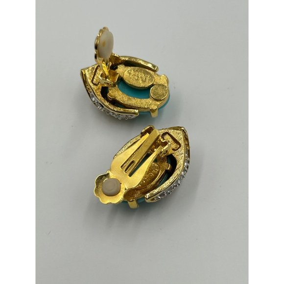 Signed Joan Rivers Clip Earrings Blue Turquoise Plastic Cabochon Clear Crystals - Picture 3 of 5